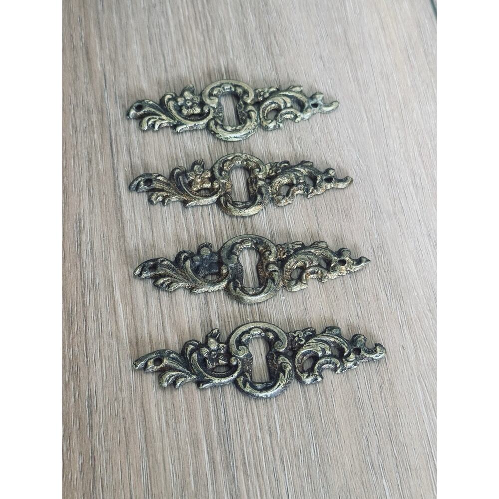 Set of 4 Antique French Brass Escutcheons Ornate Furniture Keyhole Plates
